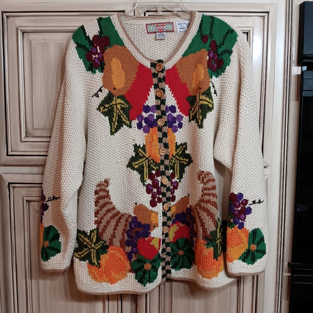 Cardigan Bay Hand Knit Sweater Autumn Fall Cream Orange‎ - Size 2X